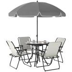 Conjunto de Mesa e Cadeiras de Jardim de 6 Peças com 4 Cadeiras Dobráveis Mesa de Vidro e Chapéu de Sol Creme