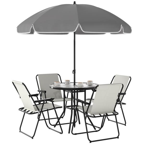 Conjunto de Mesa e Cadeiras de Jardim de 6 Peças com 4 Cadeiras Dobráveis Mesa de Vidro e Chapéu de Sol Creme