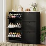 Móvel Sapateira de Entrada com 3 Gavetas Basculantes e Prateleiras Ajustáveis para 18 Pares de Sapatos 60x23,5x115 cm Preto