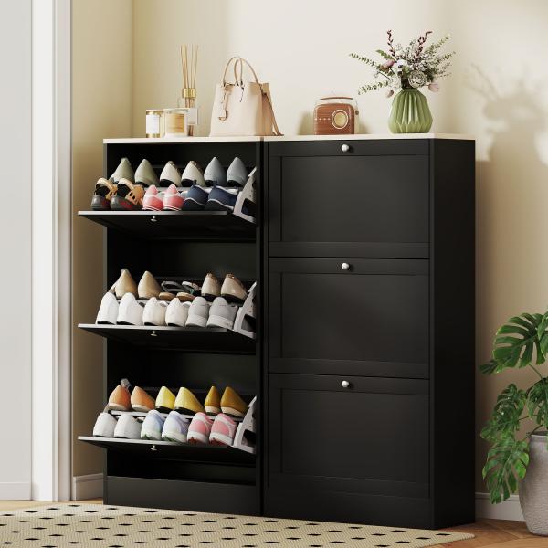 Móvel Sapateira de Entrada com 3 Gavetas Basculantes e Prateleiras Ajustáveis para 18 Pares de Sapatos 60x23,5x115 cm Preto