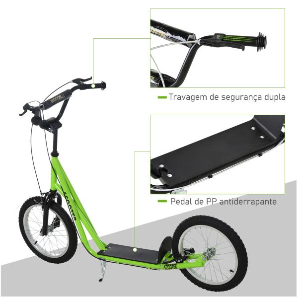 Trotinete com Guiador Ajustável 2 Pneus de Borracha Insufláveis com Travagem Dupla e Rodas 16" 139x58x90 - 96 cm Verde