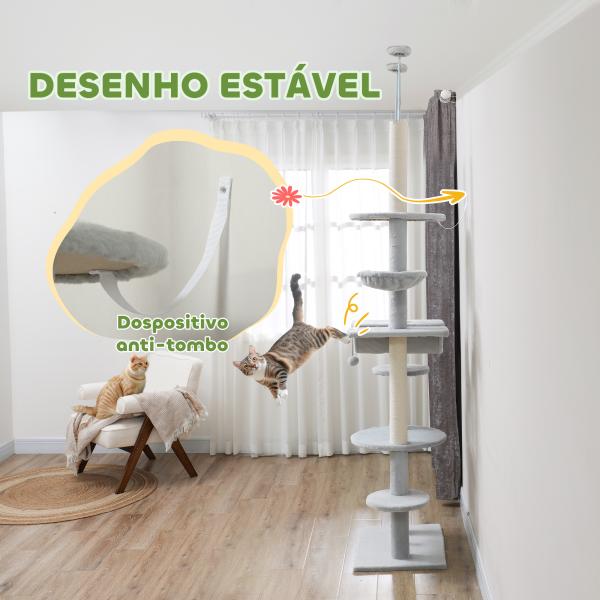 Arranhador para Gatos do Chão ao Teto 225 - 255 cm com 7 Níveis Rede Plataformas Postes de Arranhar Cinza