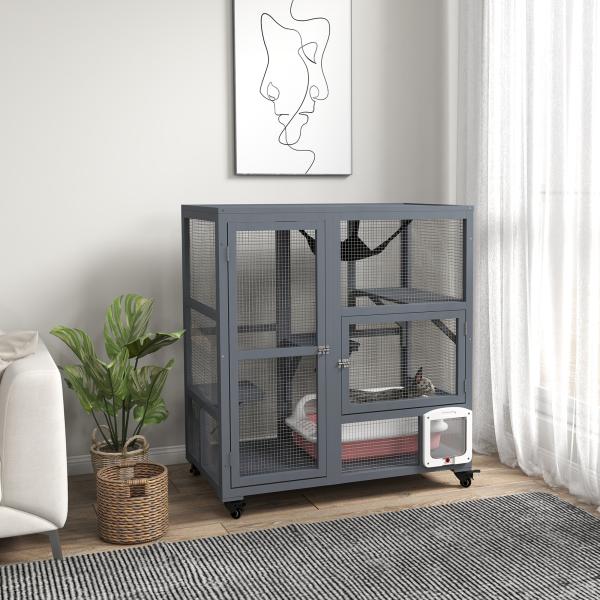 Gaiola Interior para Gatos em Madeira com Rodas, Portas, Plataformas de Salto, Rede e Topo Basculante, 110x100x60 cm, Cinzento