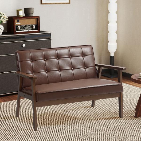 Sofá de 2 Lugares Estofado em Couro PU com Apoio para os Braços de Madeira para Sala de Estar Dormitório115x70x81 cm Marrom