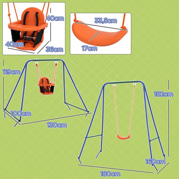 Baloiço 2 em 1 com 1 Assento para Crianças 1 Assento para Bebés e Cinto de Segurança 180x160x182 cm Laranja