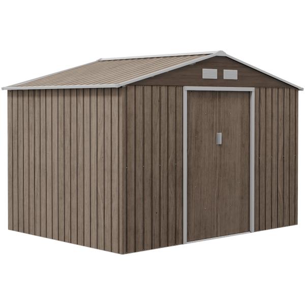 Abrigo de Jardim 277x195x192 cm Metálico para Armazenamento de Ferramentas com Base de Reforço Incluída Madeira