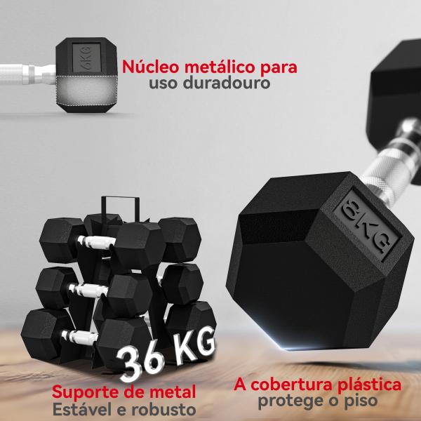 Conjunto de Halteres 2x4kg 2x6kg 2x8kg com Suporte de Armazenamento para Exercício e Treino Preto