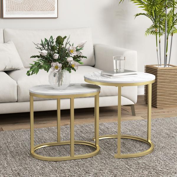 Conjunto de 2 Mesas de Centro Mesas Auxiliares Modernas com Bancada de Efeito Mármore e Estrutura de Aço para Sala Quarto Dourado
