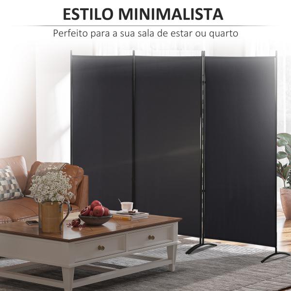 Biombo de 3 Paineis Separador de Ambientes Dobrável Biombo de Privacidade com 6 Pés de Metal 253x50x182 cm Preto