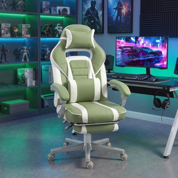 Cadeira Gamer Reclinável com Altura Ajustável Apoio para os Pés Retrátil Suporte Lombar e Almofada de Cabeça Amovível Verde