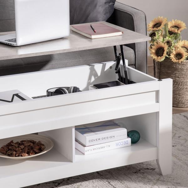 Mesa de Centro com Bancada Elevável Mesa de Centro com 2 Compartimentos Abertos Bancada de Imitação a Mármore Mesa Retangular para Sala de Estar 105x50x49cm Branco