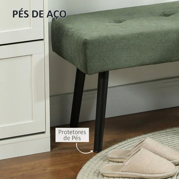 Banco de Pé de Cama em Bombazina com Assento Acolchoado, Design Capitoné e Pernas de Aço para Quarto Branco Verde