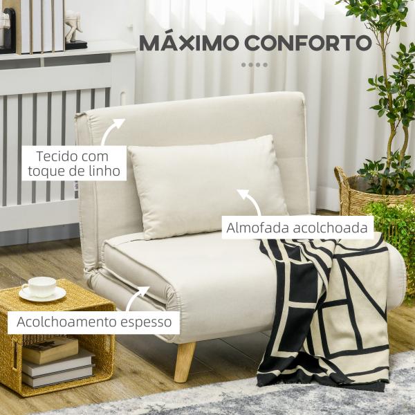 Poltrona 2 em 1 Sofá Cama Individual Dobrável com Encosto Ajustável e Almofada Carga 125 kg 90x78x79 cm Bege