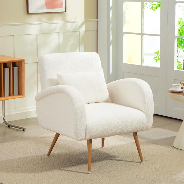 Poltrona em Tecido Teddy com Almofada Lombar Amovível e Pés Metálicos Efeito Madeira para Quarto, Creme