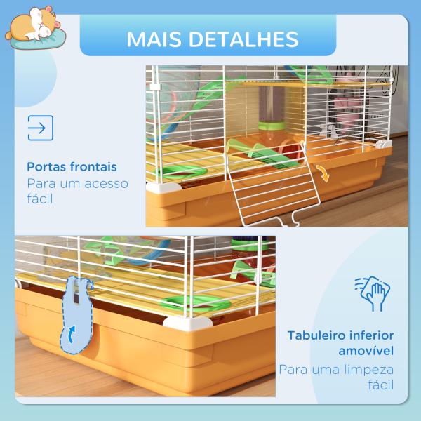 Gaiola para Hamster Gaiola para Pequenos Roedores com Túnel Comedouro Bebedouro Casa Rampas e Roda de Exercício 46x30x58 cm Laranja