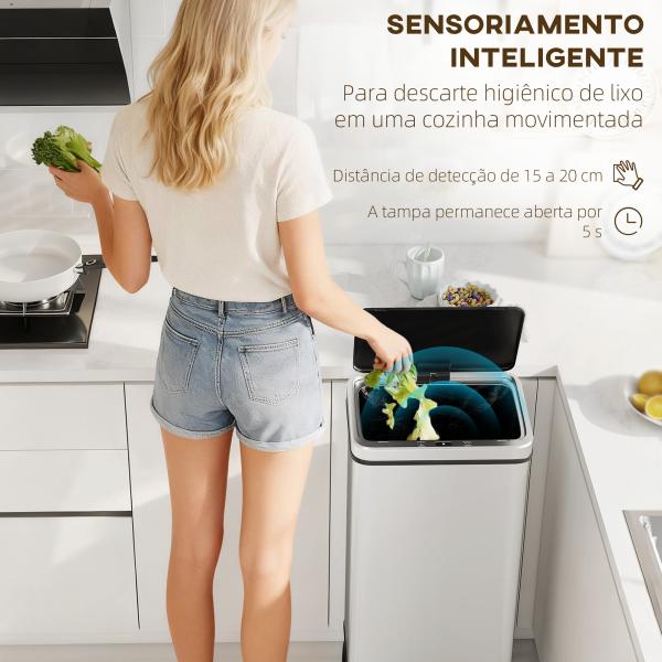 Balde de Lixo Automático 50 L em Aço Inoxidável com Sensor Infravermelhos e Aro de Retenção 35,5x26x83,5 cm Prata