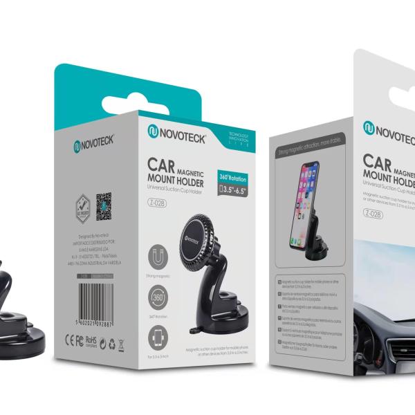 Suporte Magnético para Telemóvel de Carro Novoteck Z - 028 - Rotação 360°, Fixação Magnética Forte, Ventosa Universal, Design Compacto