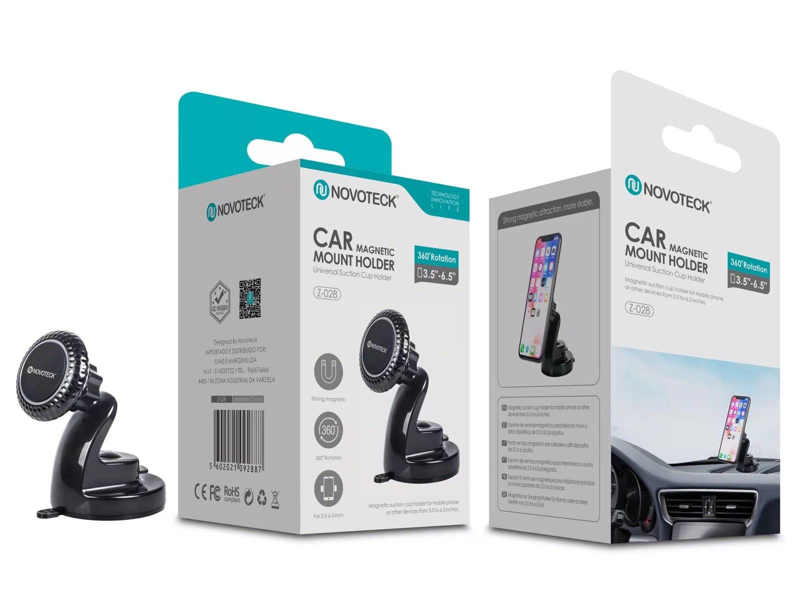 Suporte Magnético para Telemóvel de Carro Novoteck Z-028 - Rotação 360°, Fixação Magnética Forte, Ventosa Universal, Design Compacto