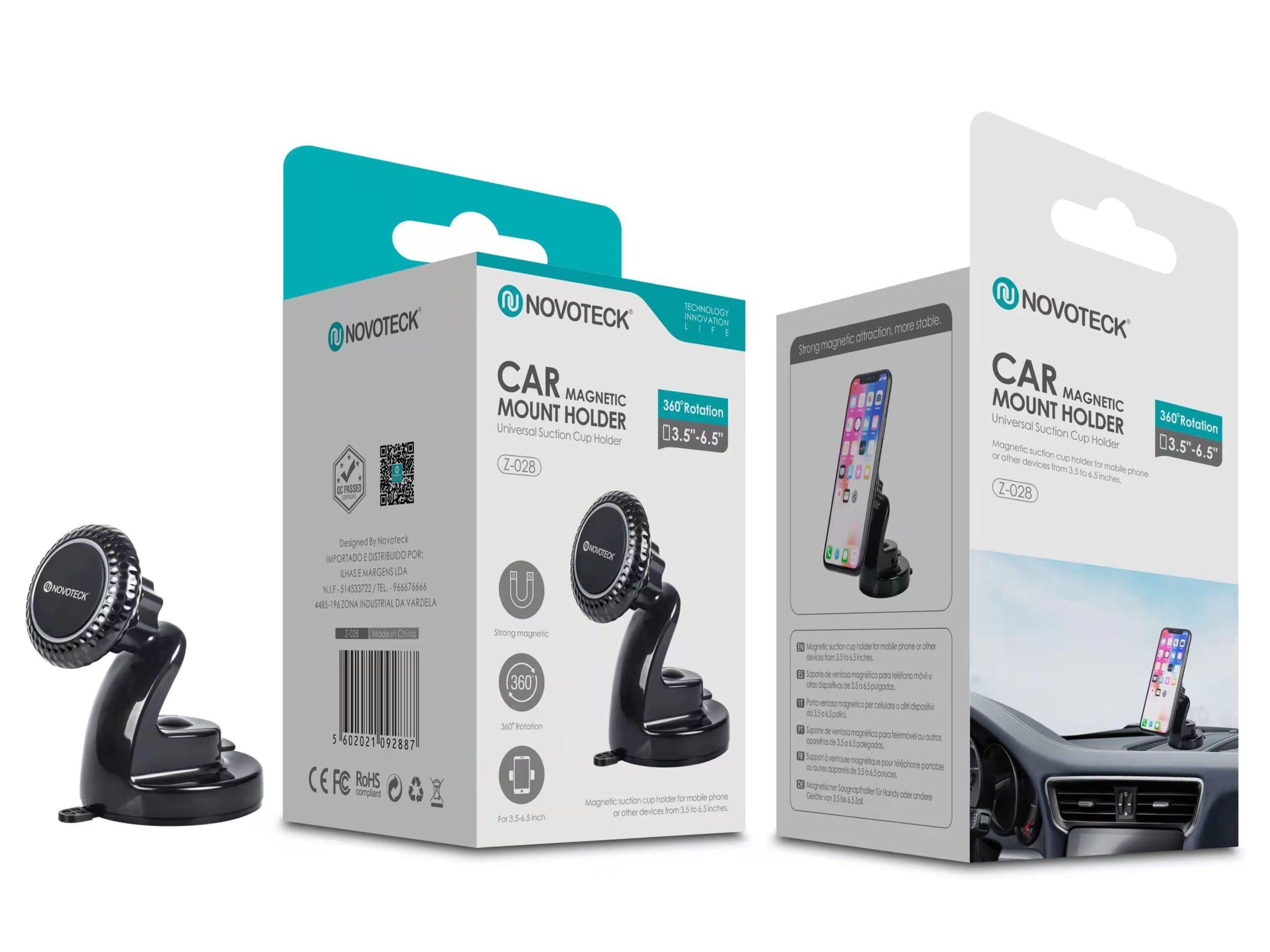 Suporte Magnético para Telemóvel de Carro Novoteck Z - 028 - Rotação 360°, Fixação Magnética Forte, Ventosa Universal, Design Compacto