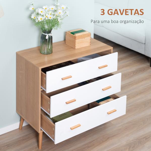 Cómoda de Madeira com 3 Gavetas Armário Auxiliar de Armazenamento Moderna com Pés Elevados para Dormitório Sala de Estar 80x39x80cm Branco e Madeira Natural