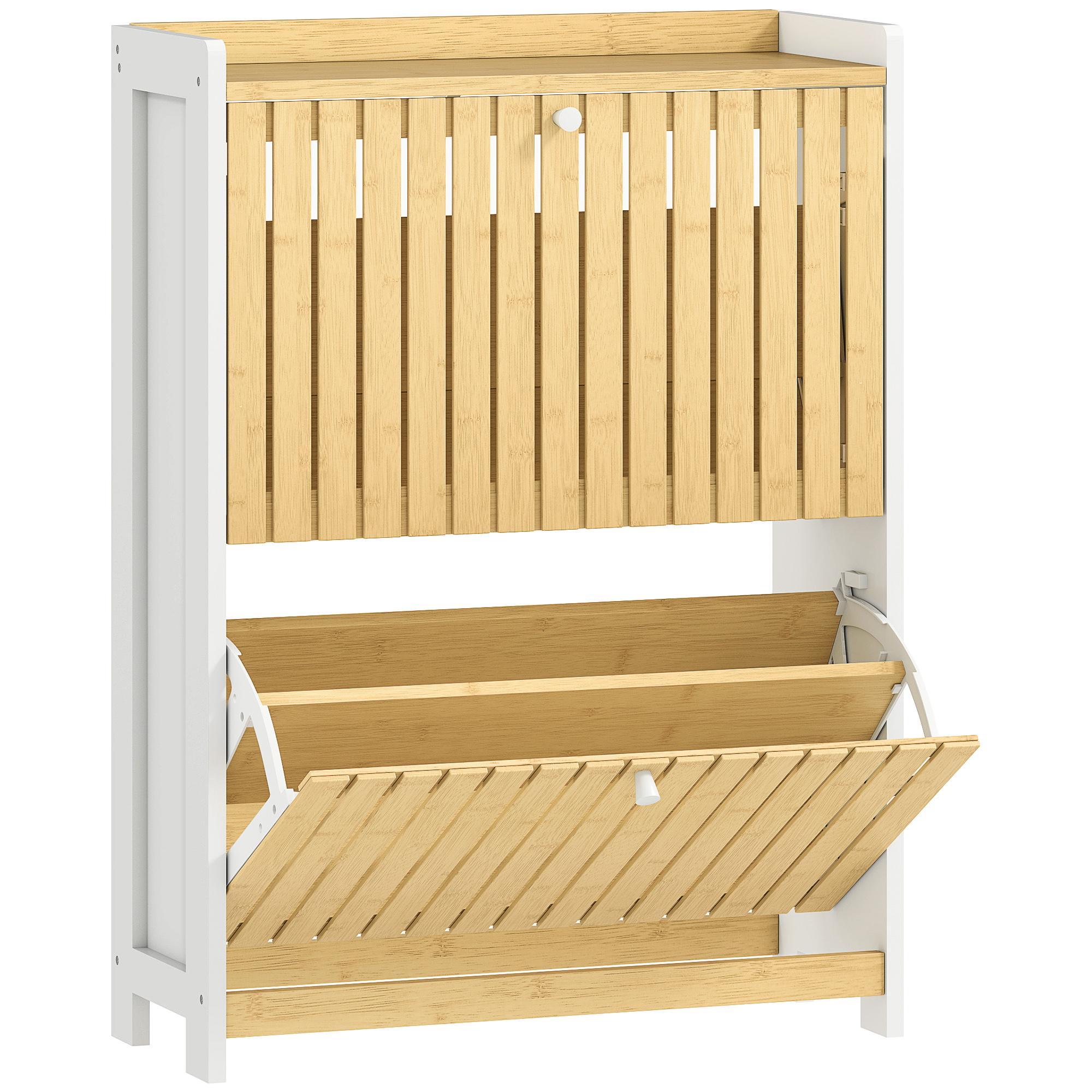 Sapateira Estreita com 2 Portas de Bambu Prateleiras Ajustáveis para 12 Pares de Sapatos 60x24x82,5 cm Branco e Madeira