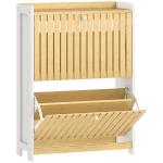 Sapateira Estreita com 2 Portas de Bambu Prateleiras Ajustáveis para 12 Pares de Sapatos 60x24x82,5 cm Branco e Madeira