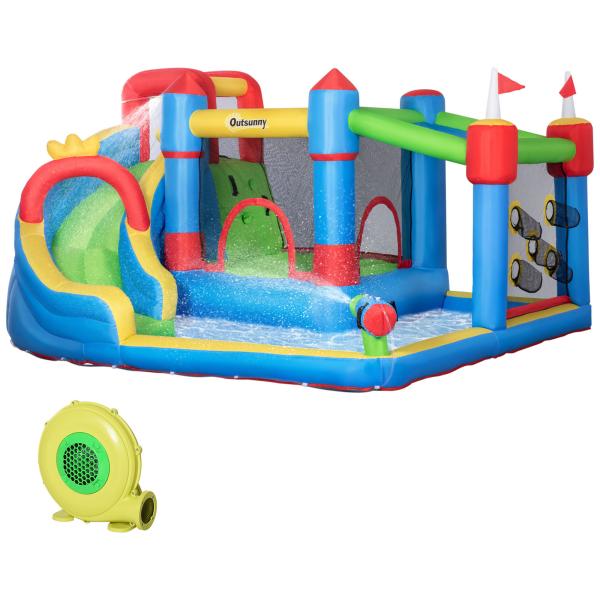 Castelo Insuflável com Escorrega Trampolim Piscina Insuflador e Bolsa de Transporte 390x300x197 cm Multicolorido