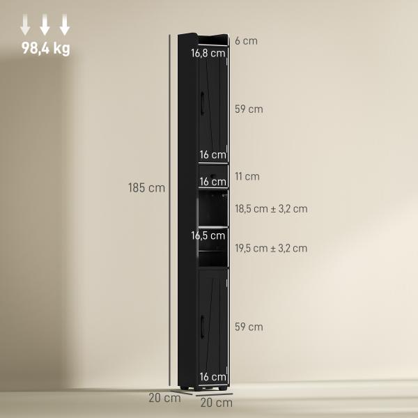 Coluna Casa de Banho com Compartimento Aberto Prateleiras Ajustáveis e Suporte para Papel Higiênico 20x20x185 cm Preto
