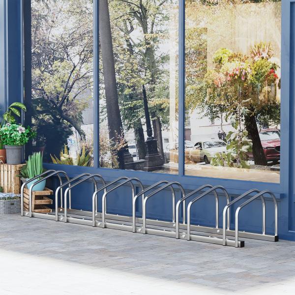 Estacionamento para 6 Bicicletas Suporte de Aço para Estacionar Bicicletas no Chão para Interior e Exterior 179x33x27 cm Prata