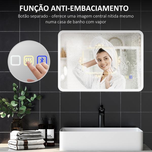 Espelho de Casa de Banho com Luz LED 70x50 cm Bluetooth 3 Cores de Luz Relógio Digital Função Antiembaciamento Função de Memória Prata