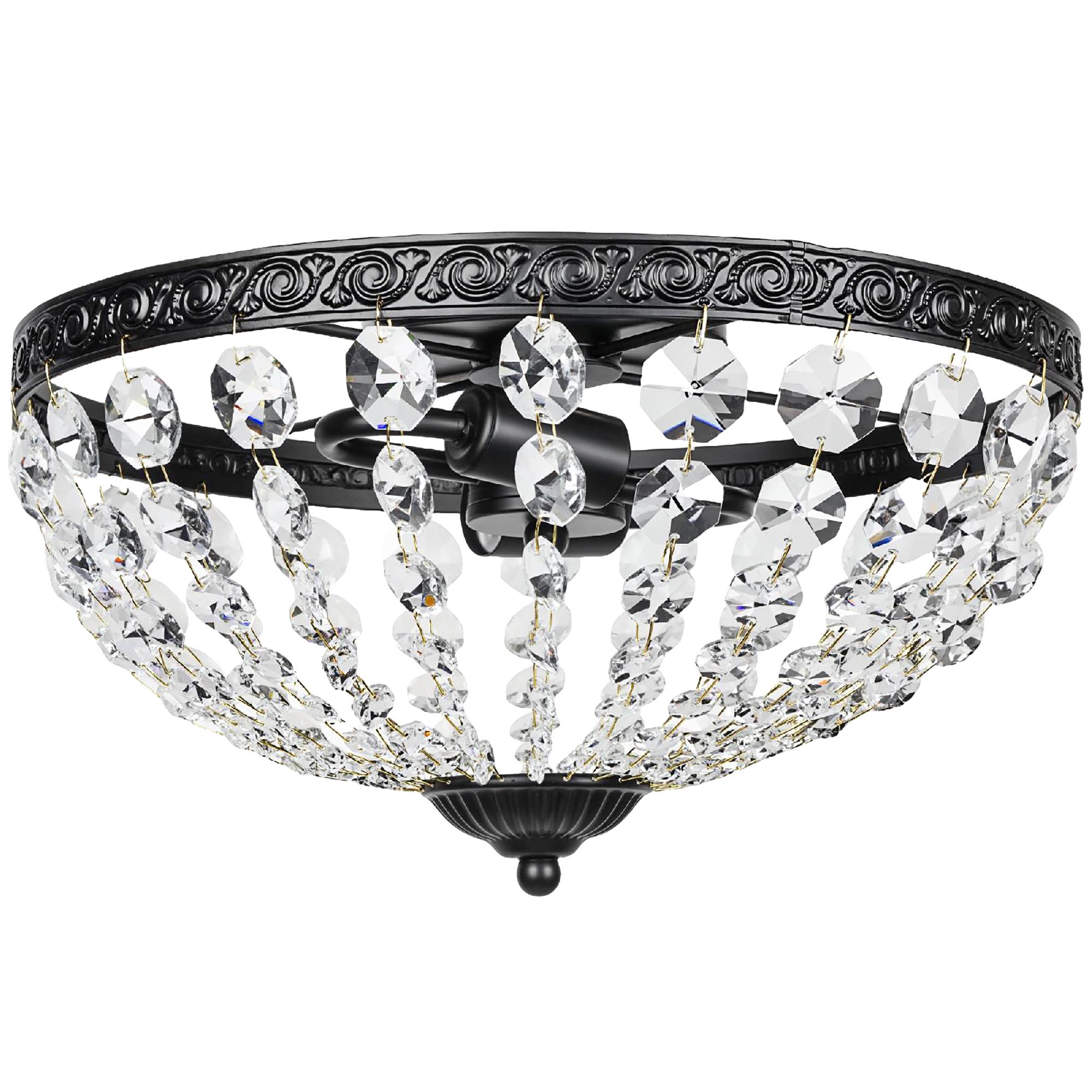 Candeeiro de Teto de Cristal Clássico com 2 Suportes E14 40W Candeeiro de Teto Vintage com 168 Contas de Cristal Ø35x22 cm Preto