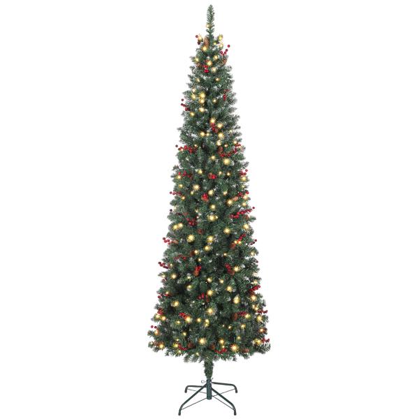 Árvore de Natal Slim 230 cm com Luzes LED 8 Modos de Iluminação 761 Ramos com Purpurina Prateada Pinhas e Bagas Verde