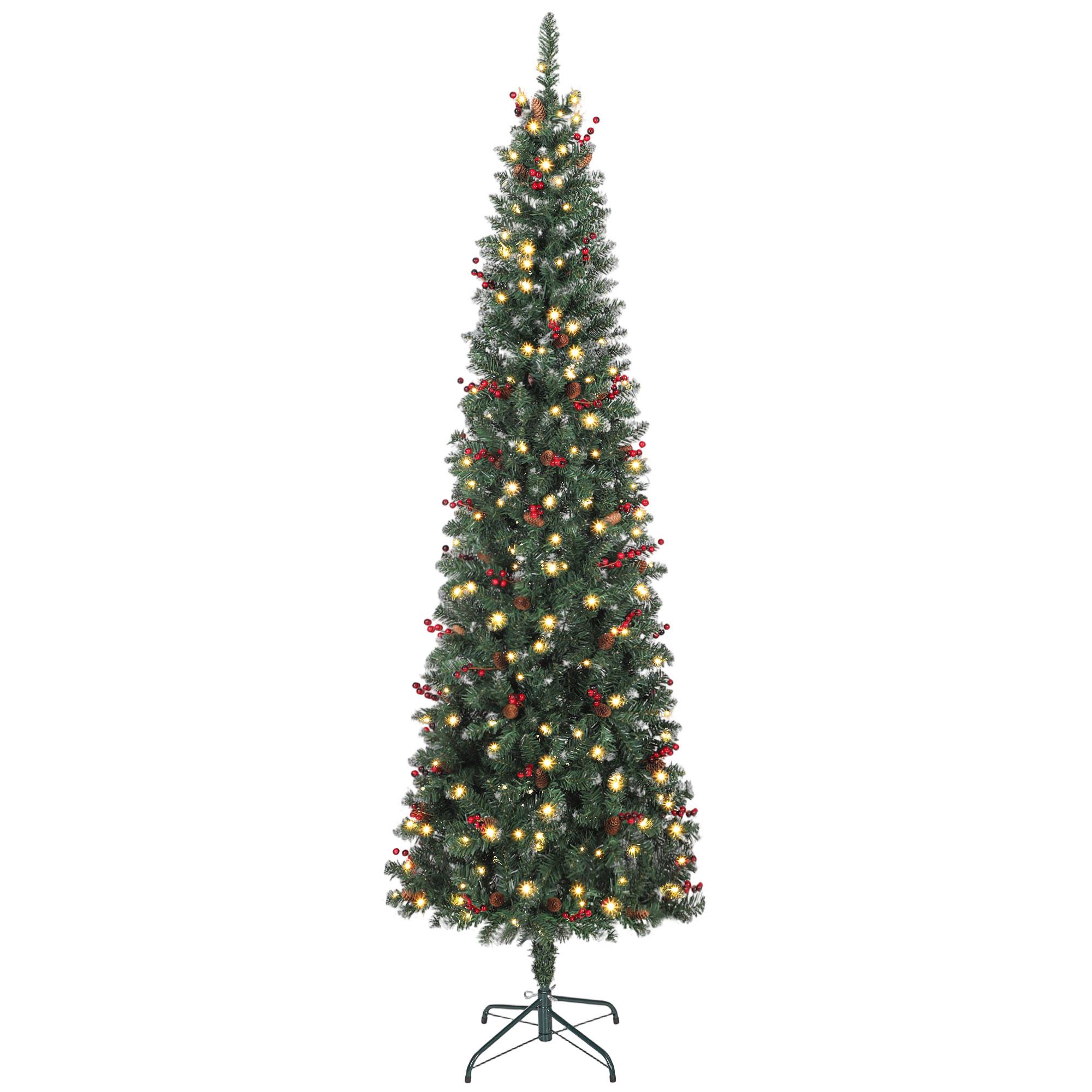 Árvore de Natal Slim 230 cm com Luzes LED 8 Modos de Iluminação 761 Ramos com Purpurina Prateada Pinhas e Bagas Verde