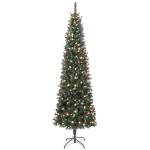 Árvore de Natal Slim 230 cm com Luzes LED 8 Modos de Iluminação 761 Ramos com Purpurina Prateada Pinhas e Bagas Verde