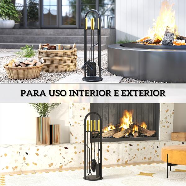 Conjunto de Acessórios para Lareira de 5 Peças de Metal com Vassoura Pá Tenazes Atiçador e Suporte 20x20x71 cm Dourado