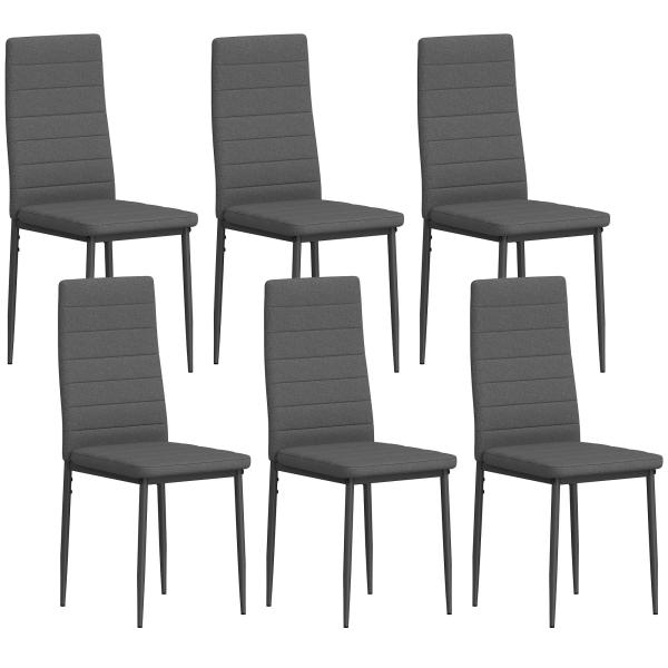 Conjunto de 6 Cadeiras de Sala de Jantar Estofadas em Linho e Pés de Metal para Cozinha Carga Máxima 120kg 41x50x97 cm Cinza
