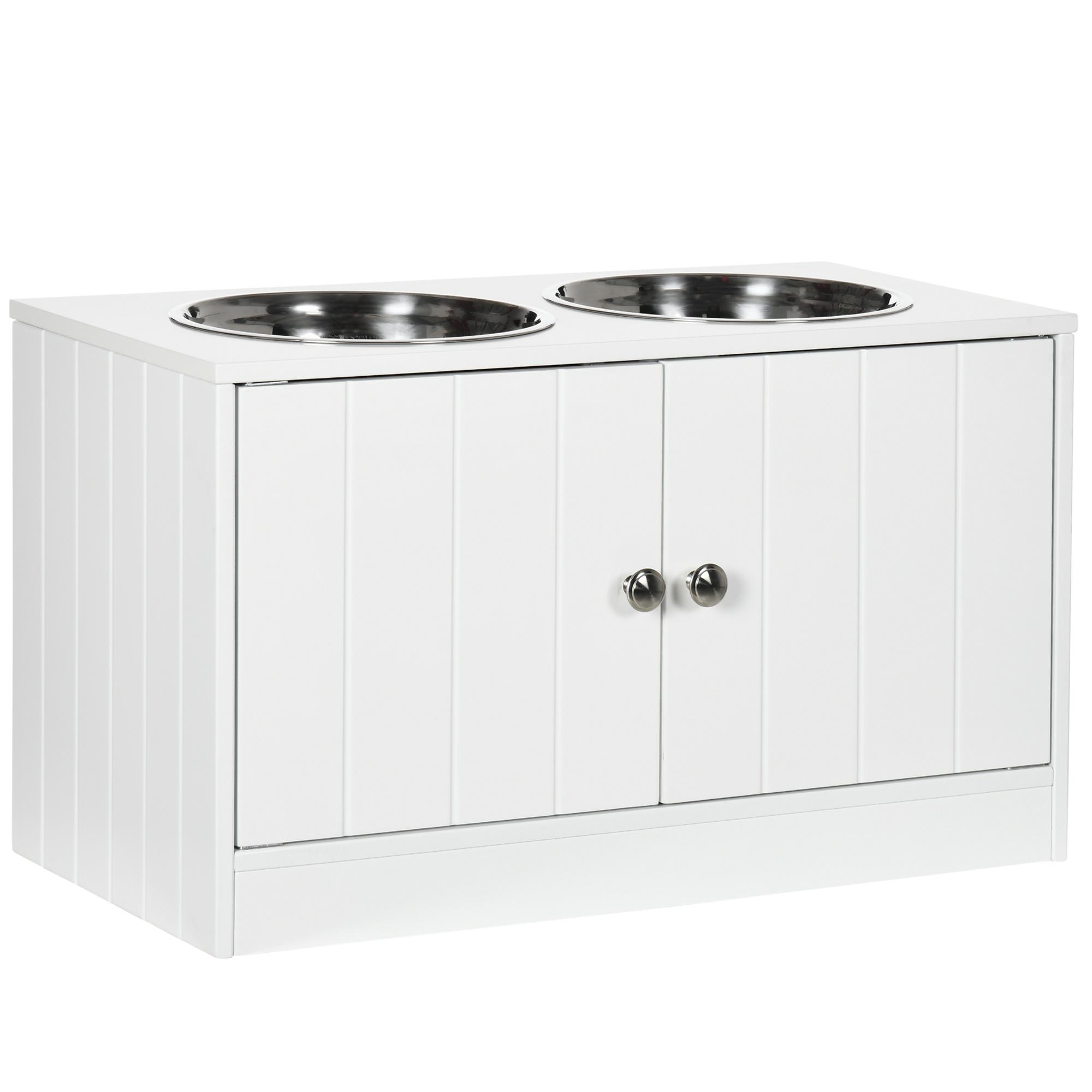 Comedouro Elevado para Cães Grandes com 2 Tigelas de 2000ml de Aço Inoxidável 2 Portas e Armazenamento 60x30x35,5cm Branco