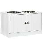 Comedouro Elevado para Cães Grandes com 2 Tigelas de 2000ml de Aço Inoxidável 2 Portas e Armazenamento 60x30x35,5cm Branco
