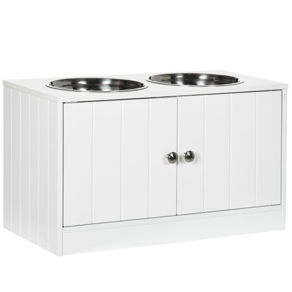 Comedouro Elevado para Cães Grandes com 2 Tigelas de 2000ml de Aço Inoxidável 2 Portas e Armazenamento 60x30x35,5cm Branco