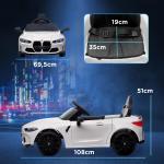 Carro Elétrico para Crianças BMW M4 12V com Controlo Remoto Faróis Buzina Música e Velocidade 3 - 5 km/h 108x69,5x51 cm Branco
