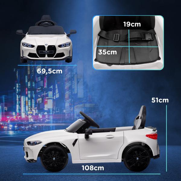 Carro Elétrico para Crianças BMW M4 12V com Controlo Remoto Faróis Buzina Música e Velocidade 3 - 5 km/h 108x69,5x51 cm Branco