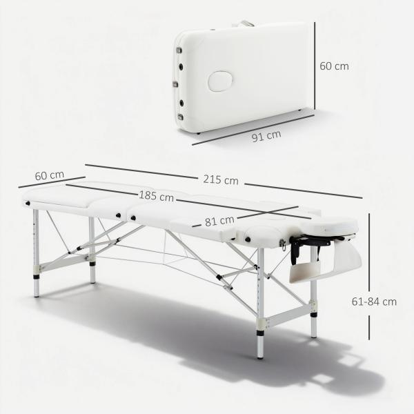 Marquesa de Massagem Dobrável e Portátil com Altura Ajustável e Apoio para a Cabeça 215x81x61 - 84 cm Branco