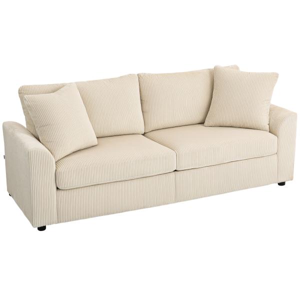 Sofá de 3 Lugares Moderno 212x80x88 cm Sofá Sala de Estar Estofado com 2 Almofadas Apoio de Braços e Estrutura de Aço Creme