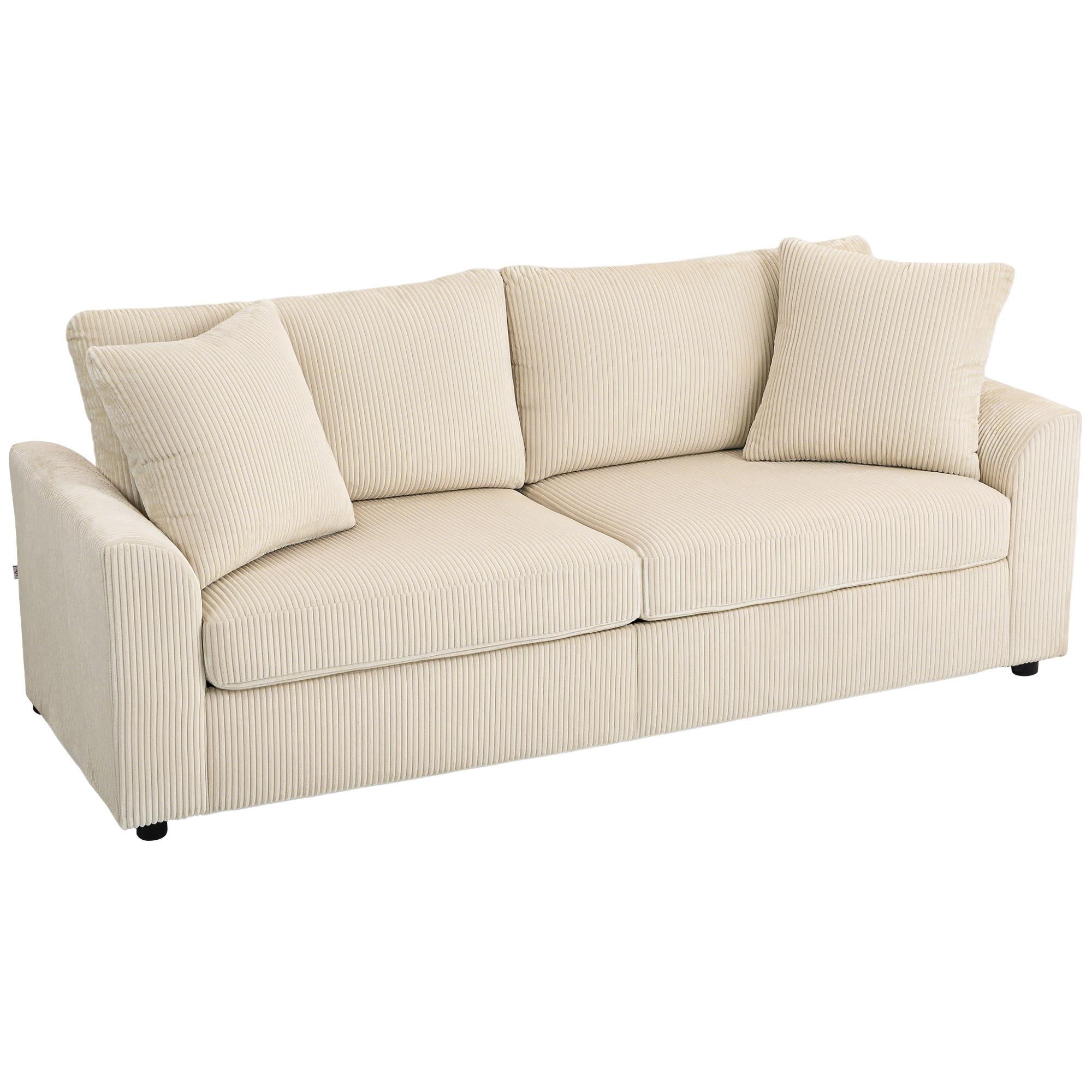 Sofá de 3 Lugares Moderno 212x80x88 cm Sofá Sala de Estar Estofado com 2 Almofadas Apoio de Braços e Estrutura de Aço Creme