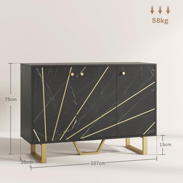 Aparador de Sala de Estar com 2 Armários e Prateleira Interior Ajustável com Efeito Mármore 107x35x75 cm Preto e Dourado