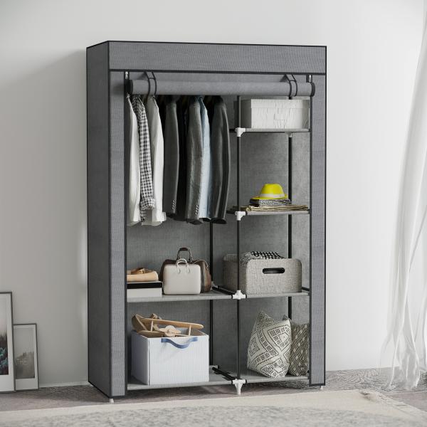 Roupeiro de Tecido Dobrável com 6 Prateleiras e 1 Barra de Pendurar para Dormitório Vestidor 103x43x162,5 cm Cinzento