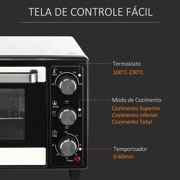 Mini Forno 16 L 1400 W com 3 Modos de Aquecimento Temperatura até 230°C Temporizador 60 Minutos Bandeja para Assar e Grade 44x32x28,1 cm Branco e Preto