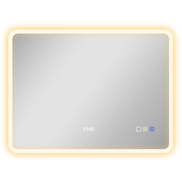 Espelho de Casa de Banho com Luz LED 80x60 cm Bluetooth 3 Cores de Luz Relógio Digital Função Antiembaciamento Função de Memória Prata