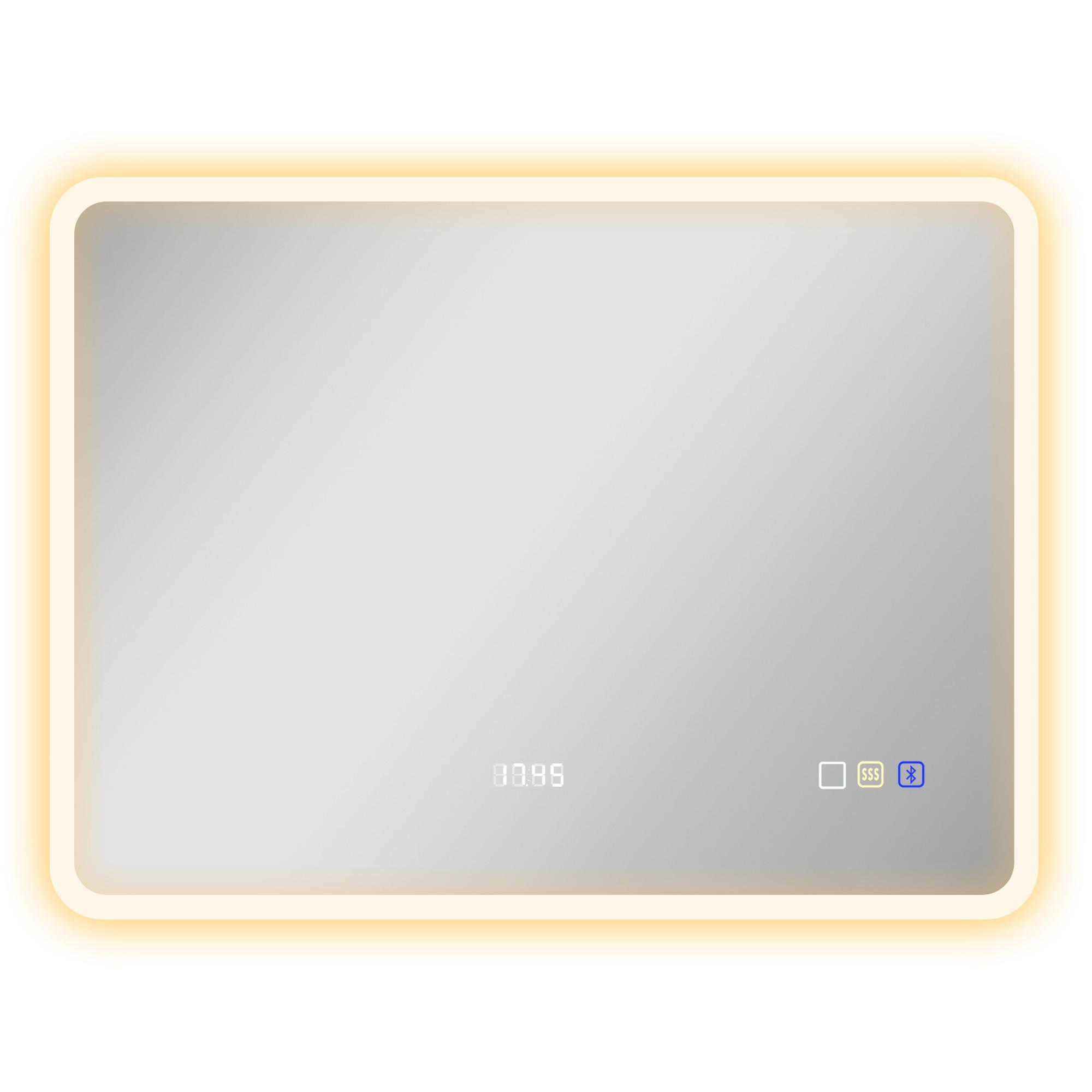Espelho de Casa de Banho com Luz LED 80x60 cm Bluetooth 3 Cores de Luz Relógio Digital Função Antiembaciamento Função de Memória Prata