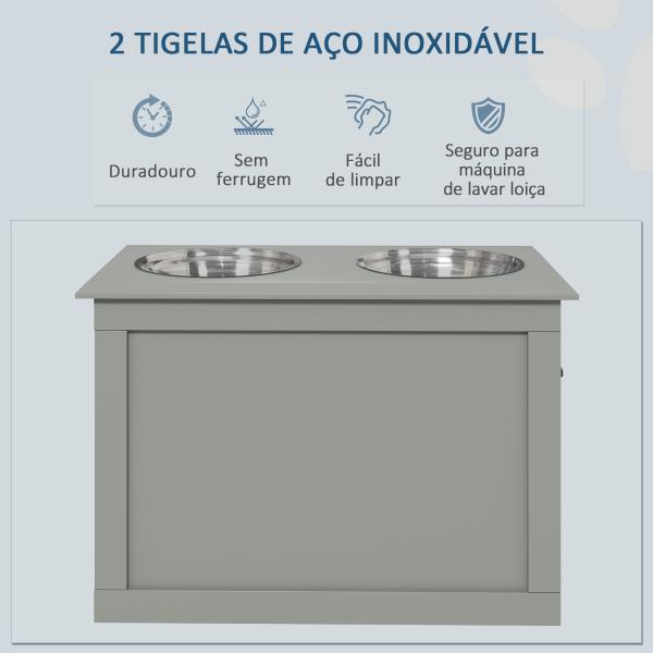 Comedouro Elevado para Cães com 2 Tigelas de Aço Inoxidável e Espaço de Armazenamento Oculto 60x30x41 cm Cinzento